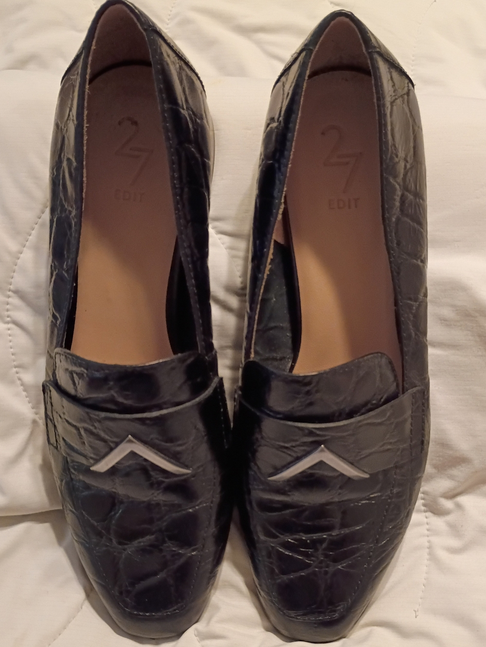27 Edit Black Croc-Embossed Leather "Roxanne" Loafers Size 8.5